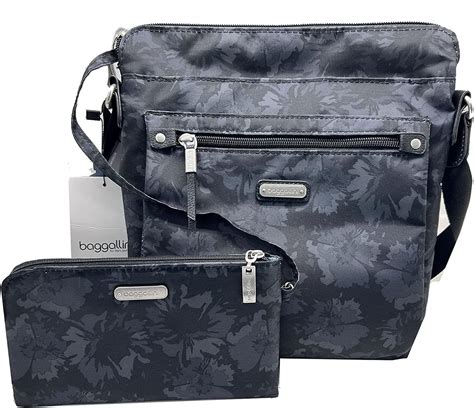 baggallini pocket crossbody bag with rfid-protected wristlet pewter floral|baggallini rfid crossbody.